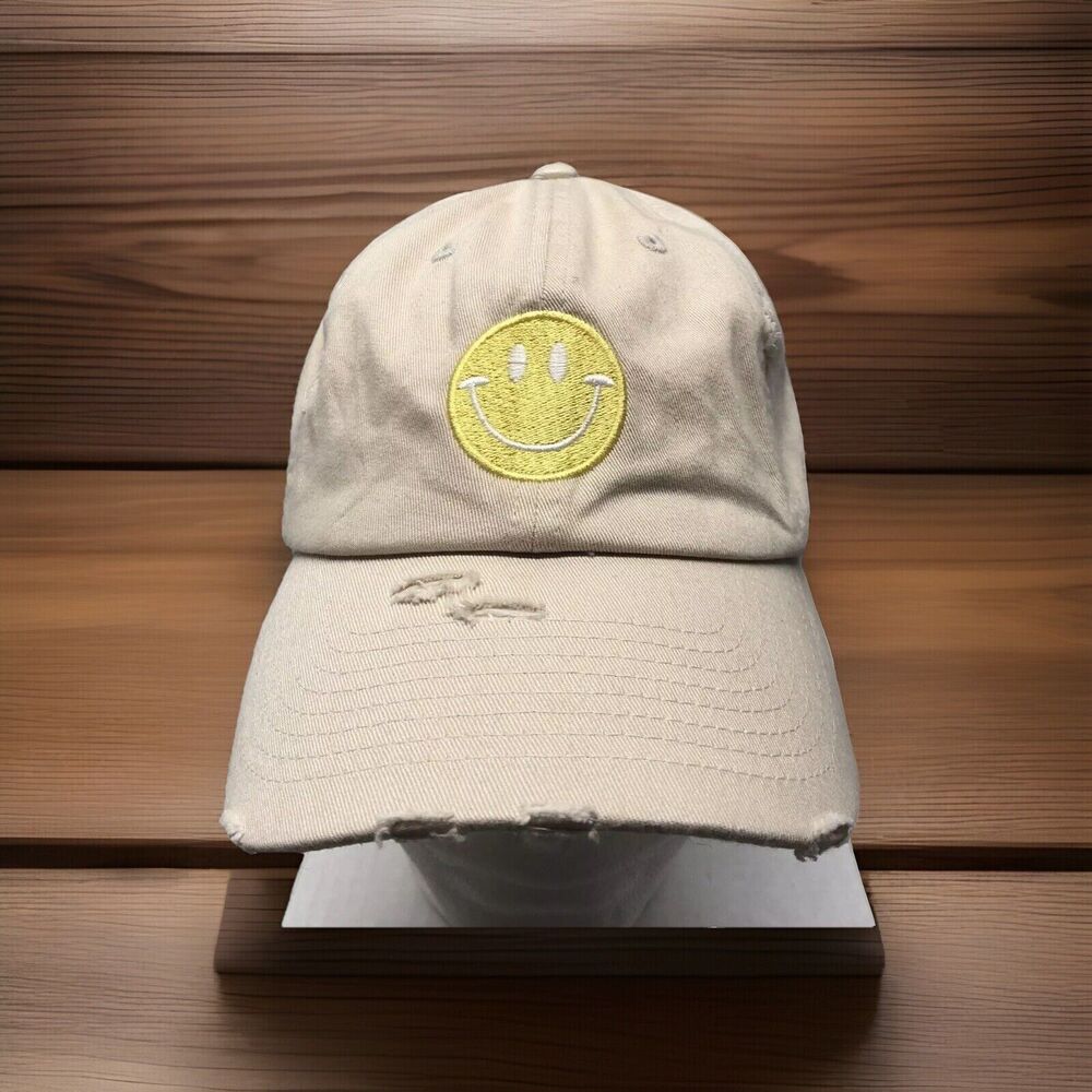 Kbethos Vintage Smiley Face Hat Cap Distressed Beige Girl Tribe Strapback